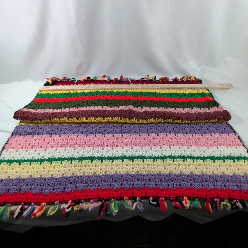 Vintage Handmade Crochet Baby Crib Blanket Colorful Striped Fringe 44x31